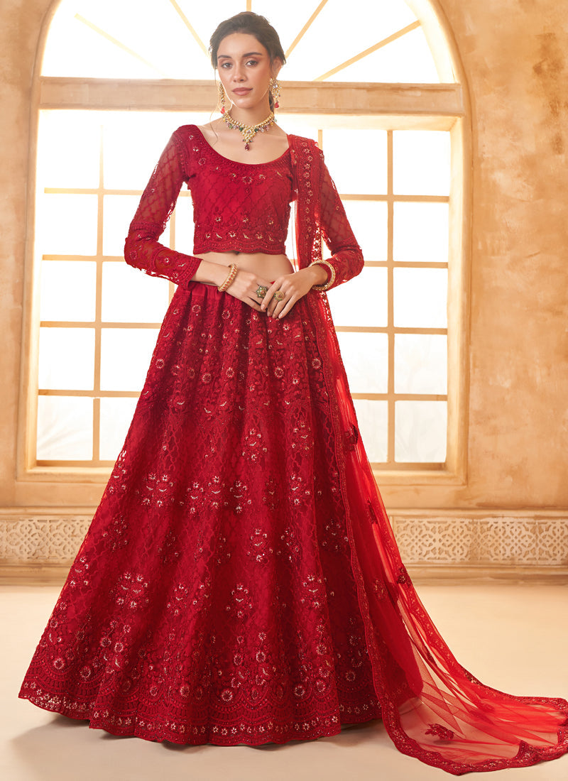 Vegaa Fashion Red Net Thread Work Wedding Lehenga | Grocsy