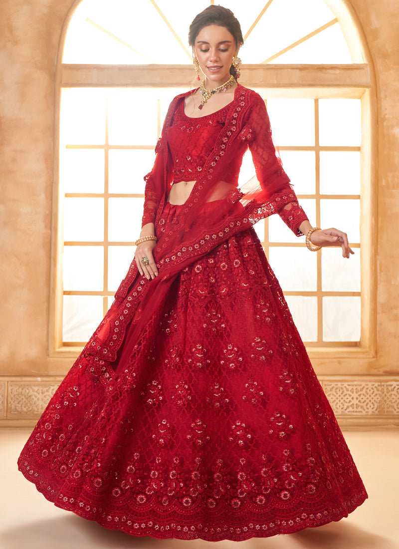 Vegaa Fashion Red Net Thread Work Wedding Lehenga | Grocsy