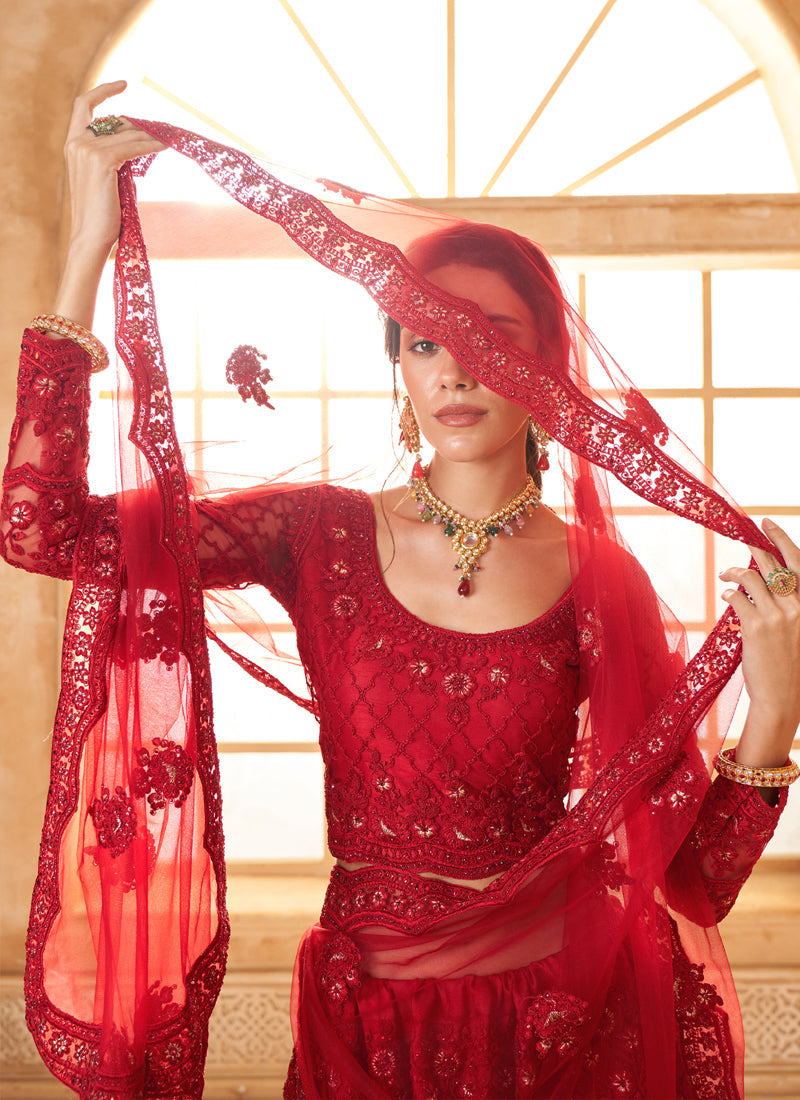Vegaa Fashion Red Net Thread Work Wedding Lehenga | Grocsy