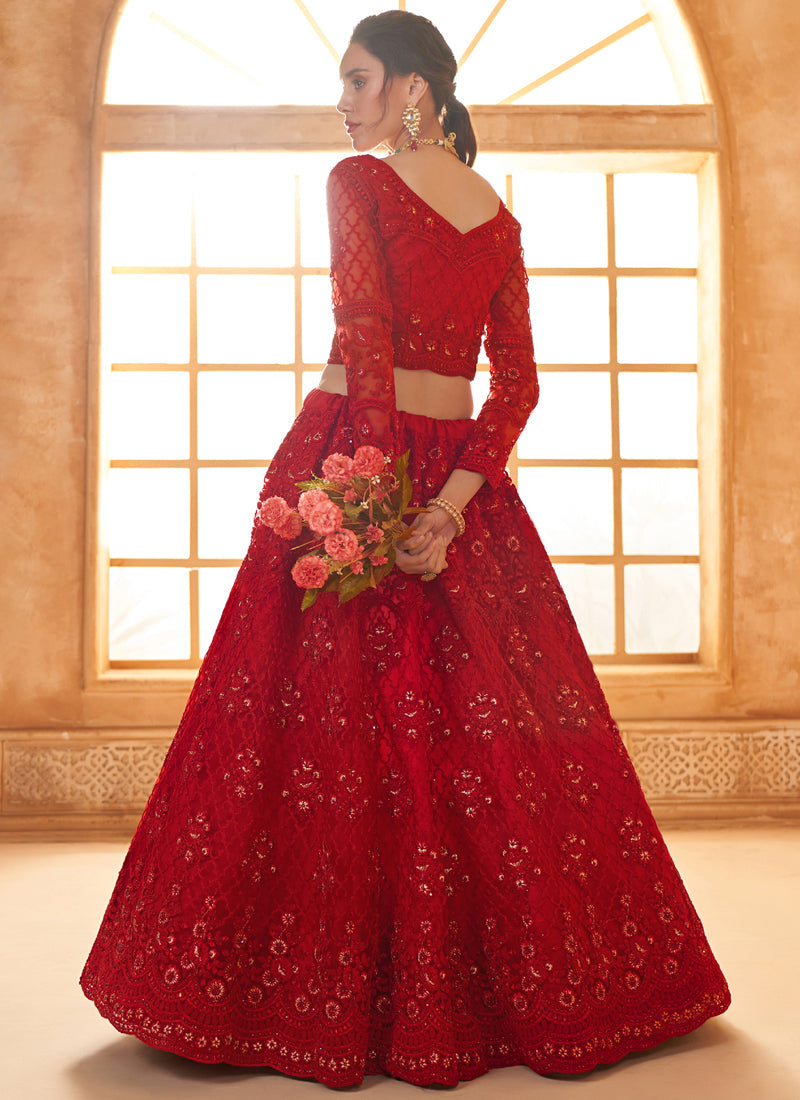 Vegaa Fashion Red Net Thread Work Wedding Lehenga | Grocsy