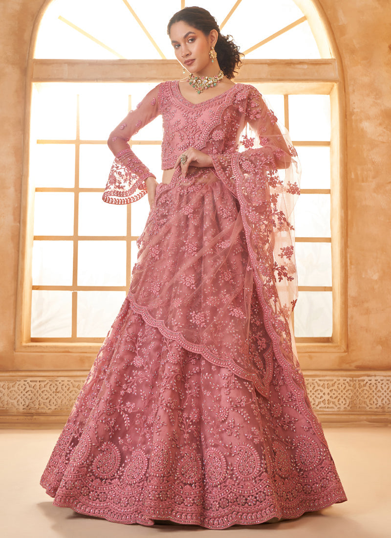 Vegaa Fashion Peach Net Thread Work Wedding Lehenga | Grocsy