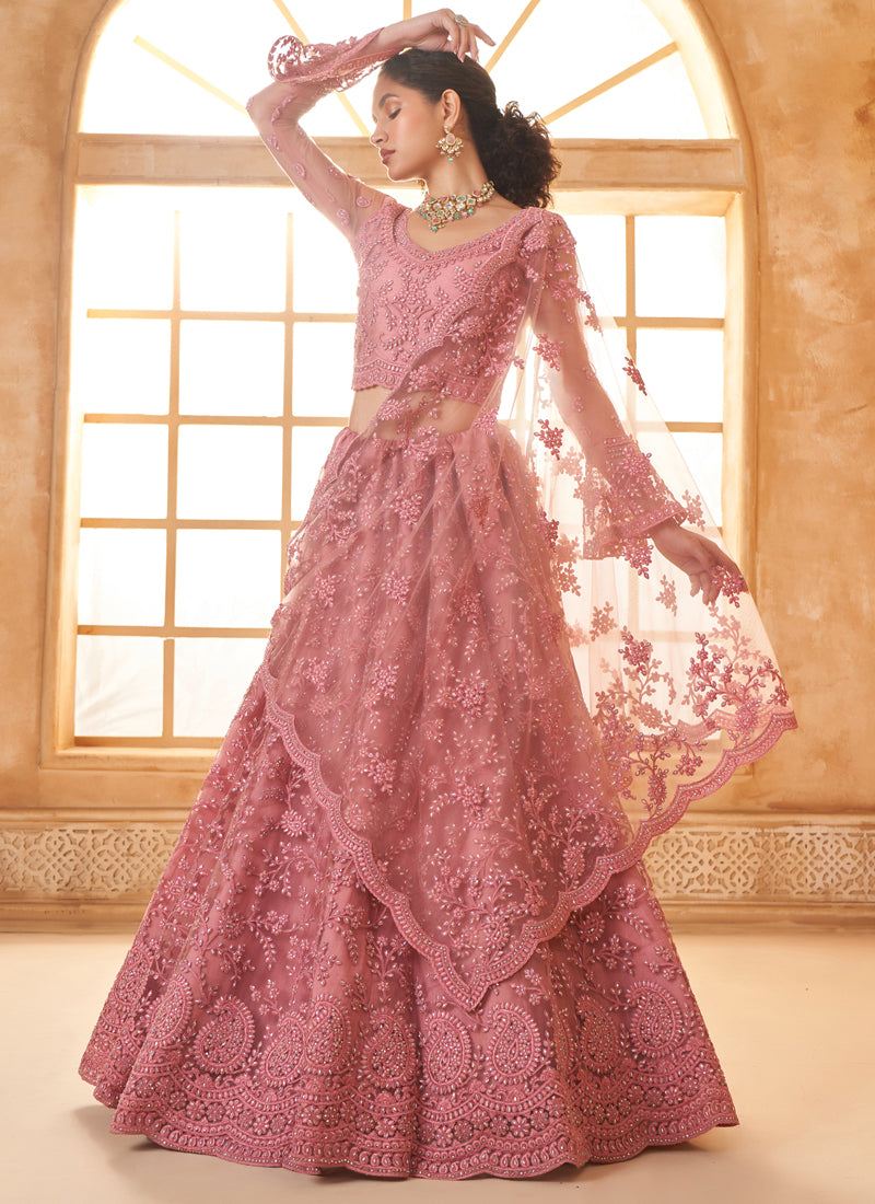 Vegaa Fashion Peach Net Thread Work Wedding Lehenga | Grocsy
