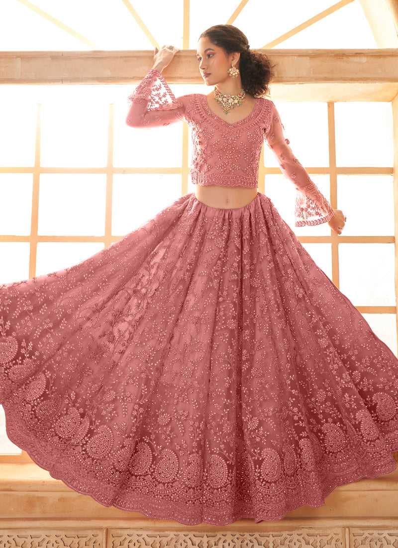 Vegaa Fashion Peach Net Thread Work Wedding Lehenga | Grocsy