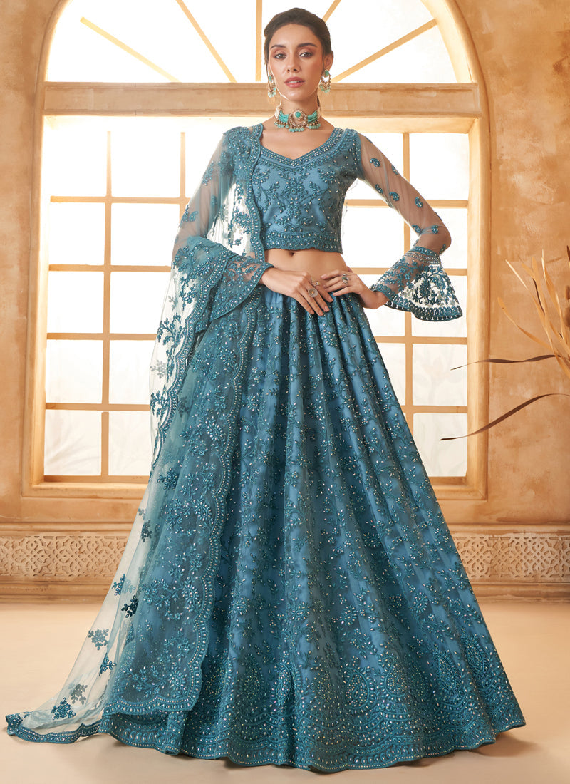 Vegaa Fashion Aqua Blue Net Thread Work Wedding Lehenga | Grocsy