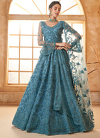 Vegaa Fashion Aqua Blue Net Thread Work Wedding Lehenga | Grocsy