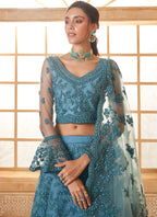 Vegaa Fashion Aqua Blue Net Thread Work Wedding Lehenga | Grocsy