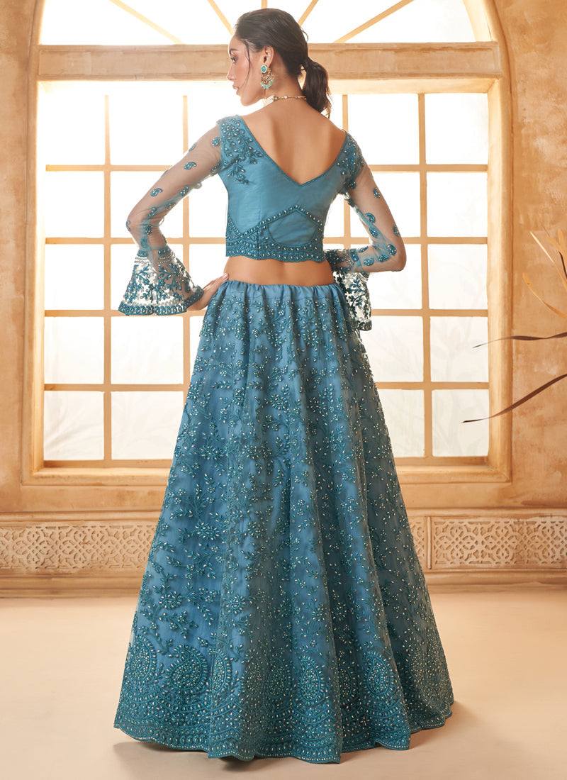 Vegaa Fashion Aqua Blue Net Thread Work Wedding Lehenga | Grocsy