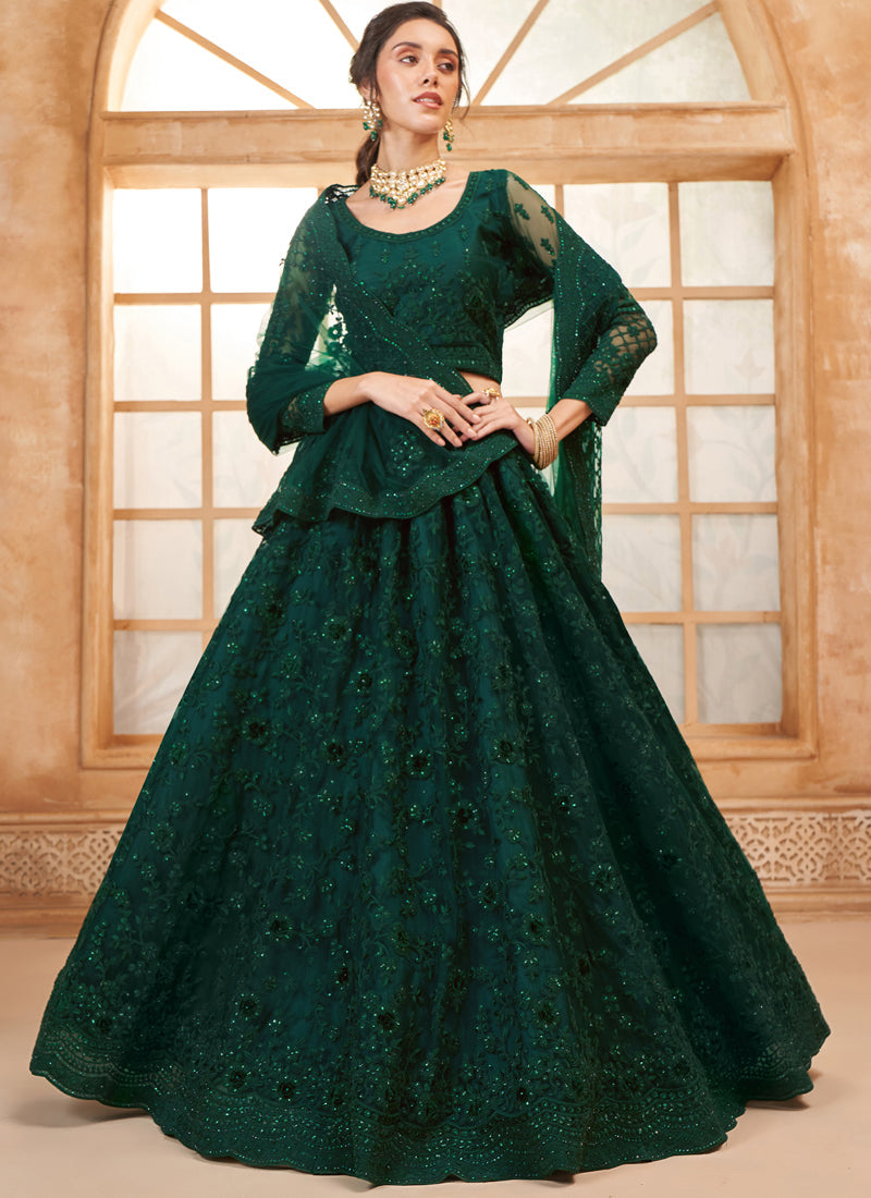 Vegaa Fashion Green Net Thread Work Wedding Lehenga | Grocsy