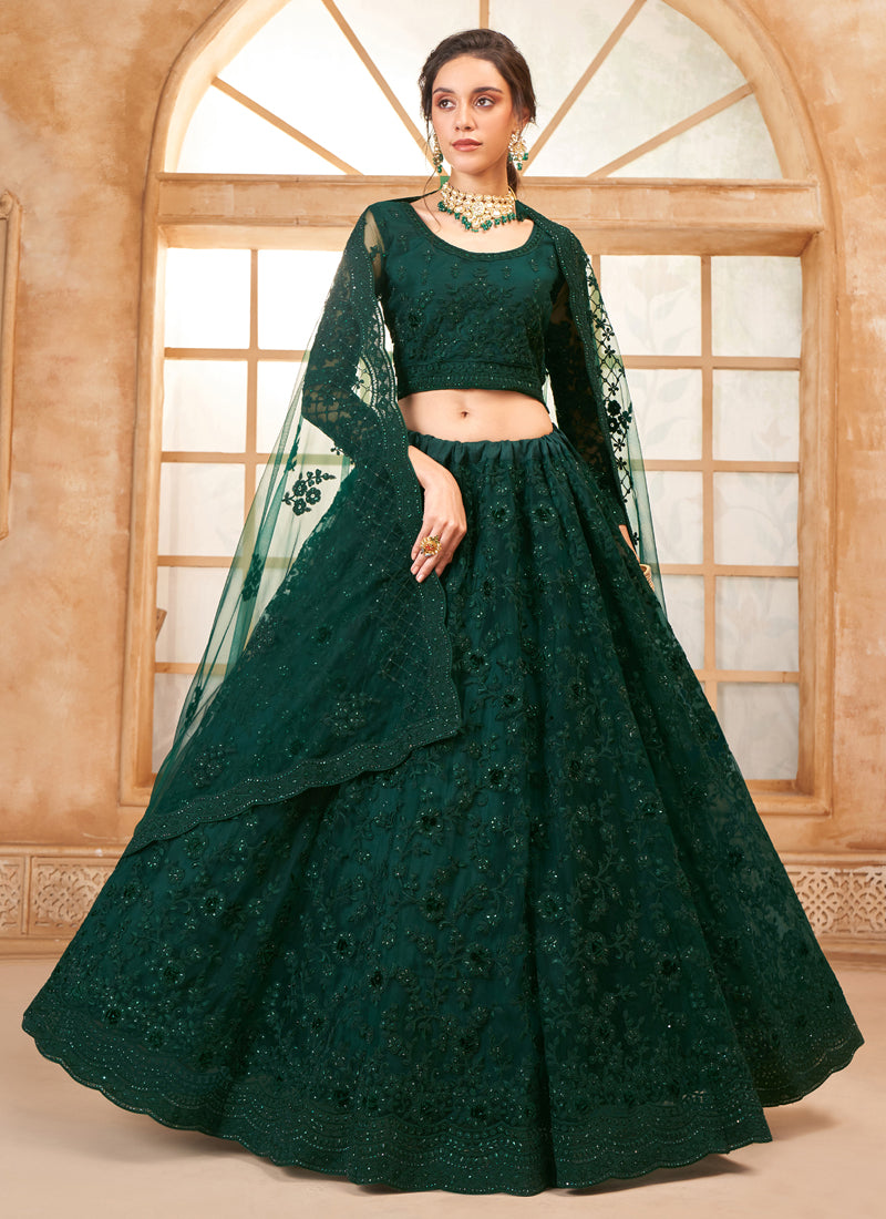 Vegaa Fashion Green Net Thread Work Wedding Lehenga | Grocsy