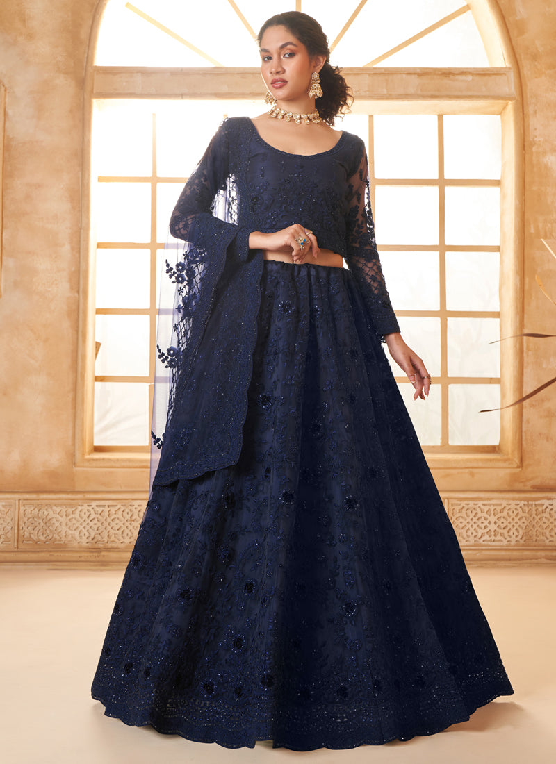 Vegaa Fashion Blue Net Thread Work Wedding Lehenga | Grocsy