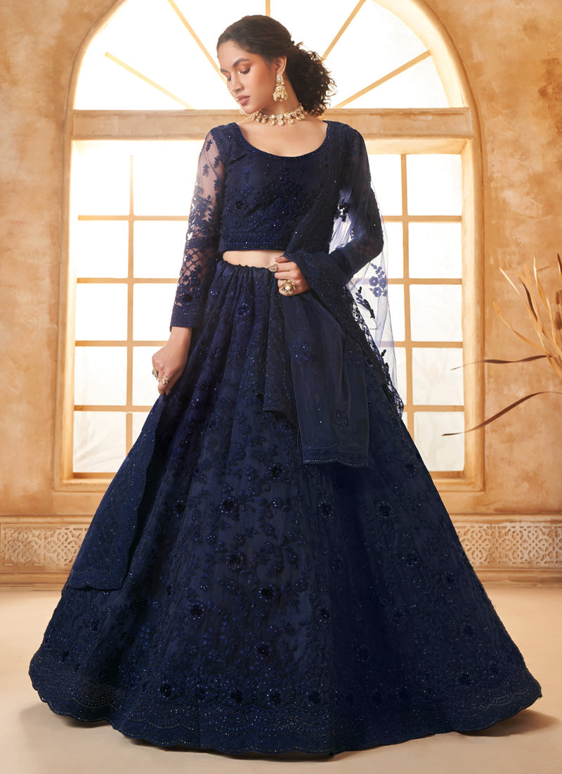 Vegaa Fashion Blue Net Thread Work Wedding Lehenga | Grocsy