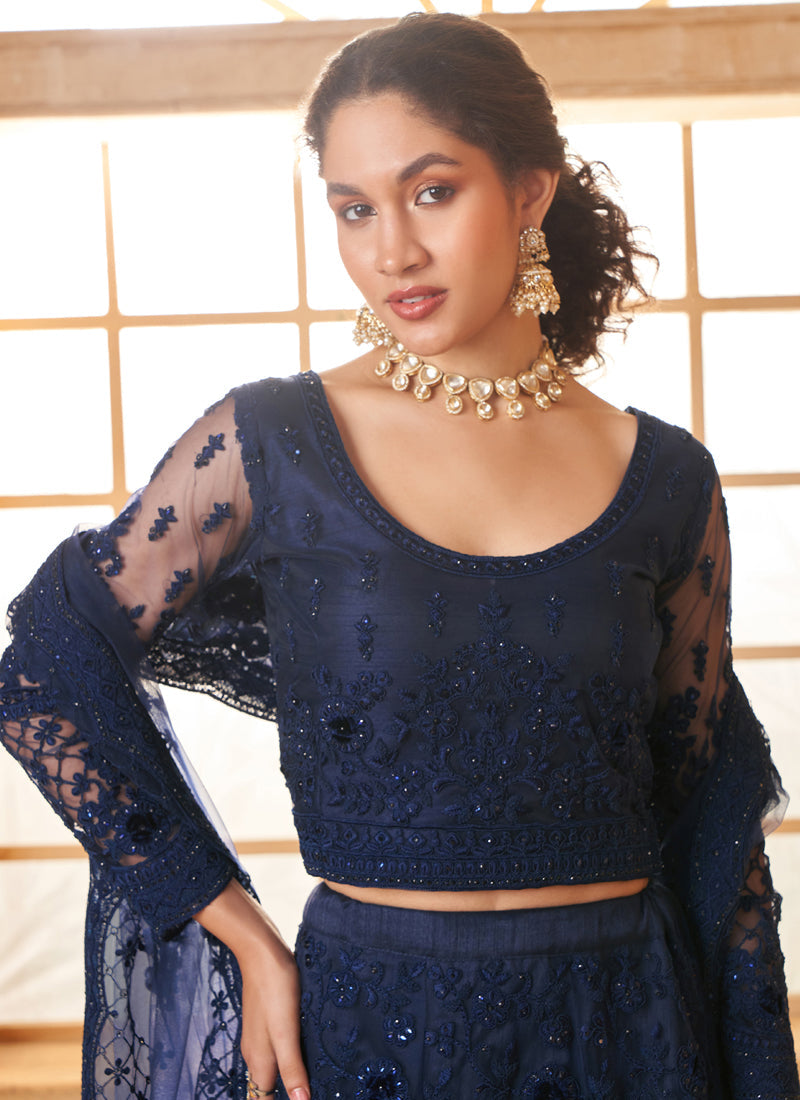 Vegaa Fashion Blue Net Thread Work Wedding Lehenga | Grocsy