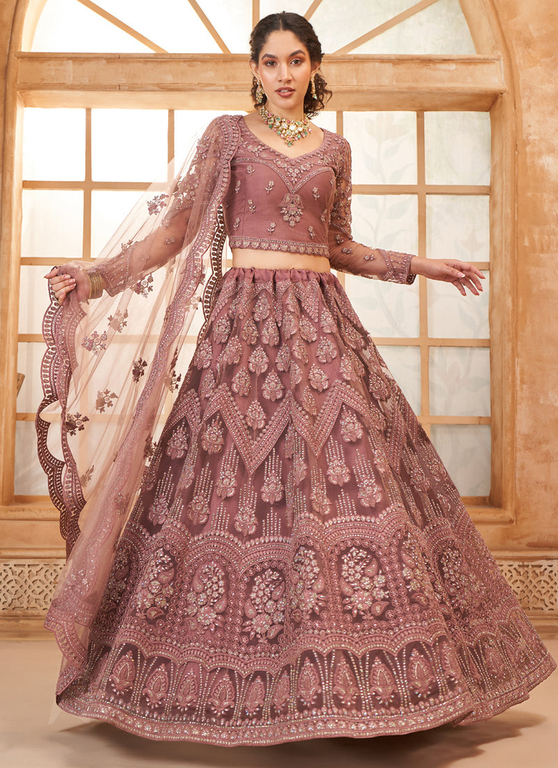 Vegaa Fashion Onion Pink Net Thread Work Wedding Lehenga | Grocsy