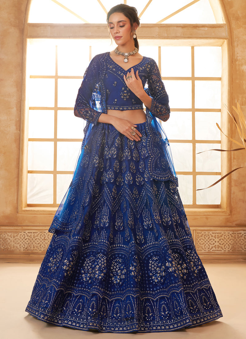 Vegaa Fashion Blue Net Thread Work Wedding Lehenga | Grocsy