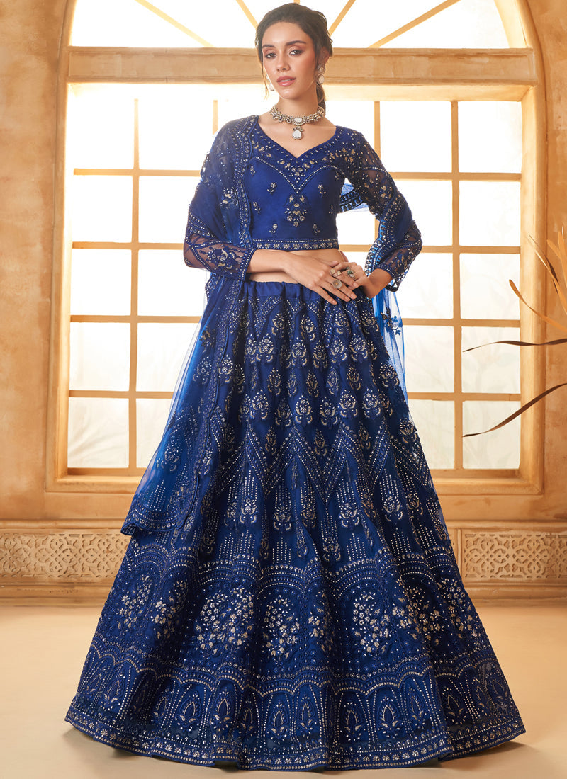 Vegaa Fashion Blue Net Thread Work Wedding Lehenga | Grocsy