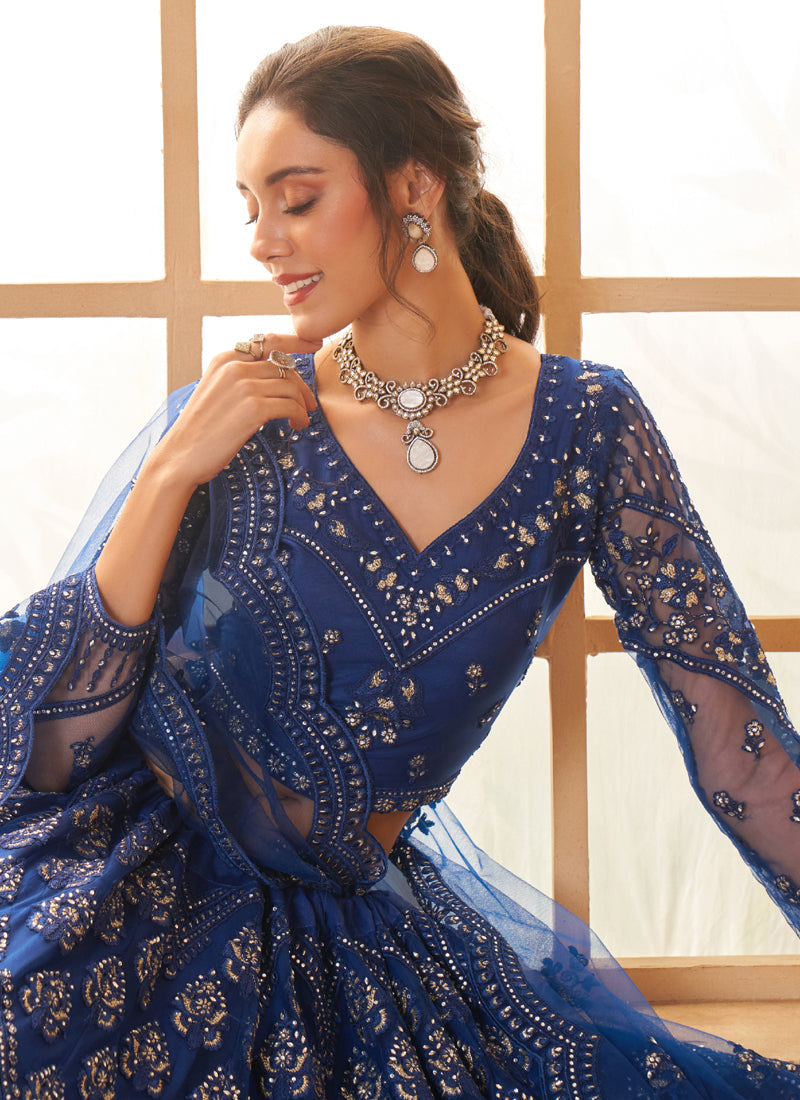 Vegaa Fashion Blue Net Thread Work Wedding Lehenga | Grocsy