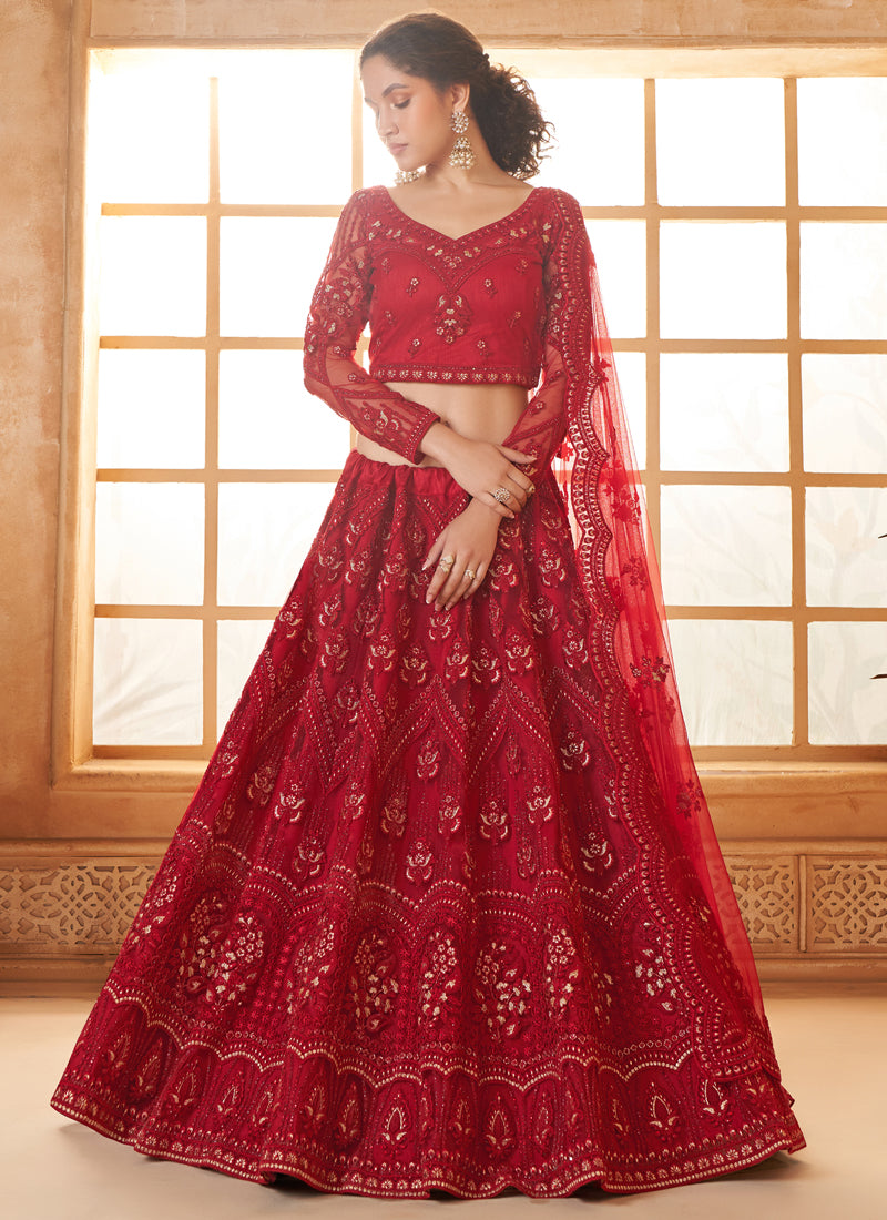 Vegaa Fashion Red Net Thread Work Wedding Lehenga | Grocsy