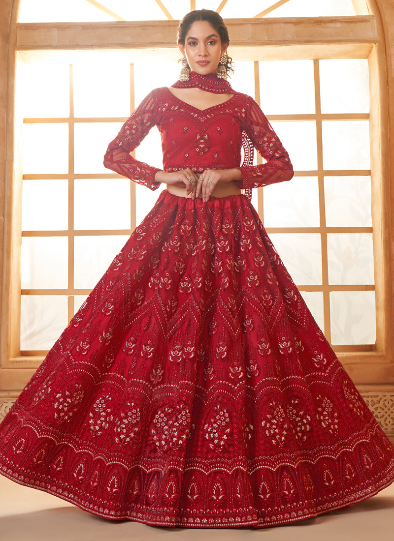 Vegaa Fashion Red Net Thread Work Wedding Lehenga | Grocsy