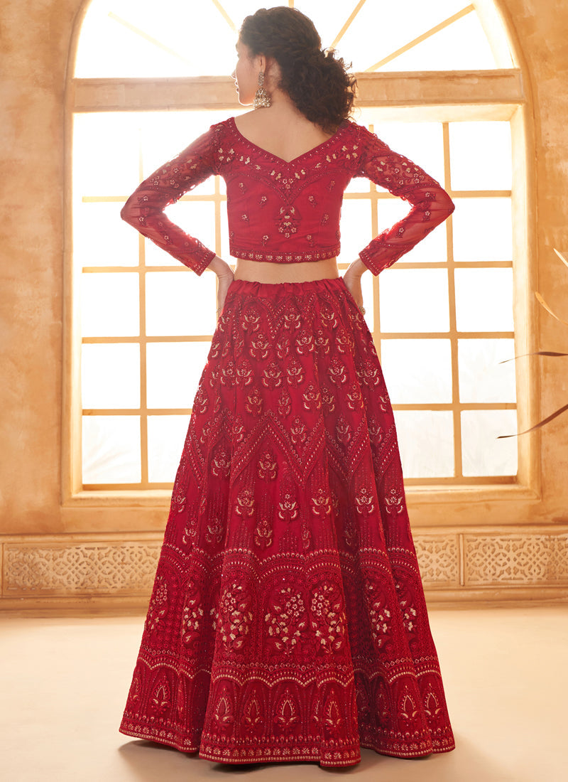Vegaa Fashion Red Net Thread Work Wedding Lehenga | Grocsy