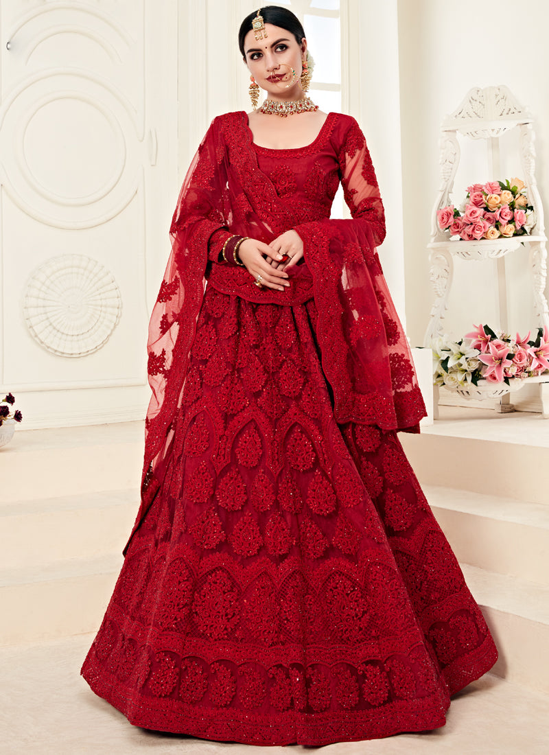 Vegaa Fashion Red Net Embroidered Stonework Wedding Lehenga | Grocsy