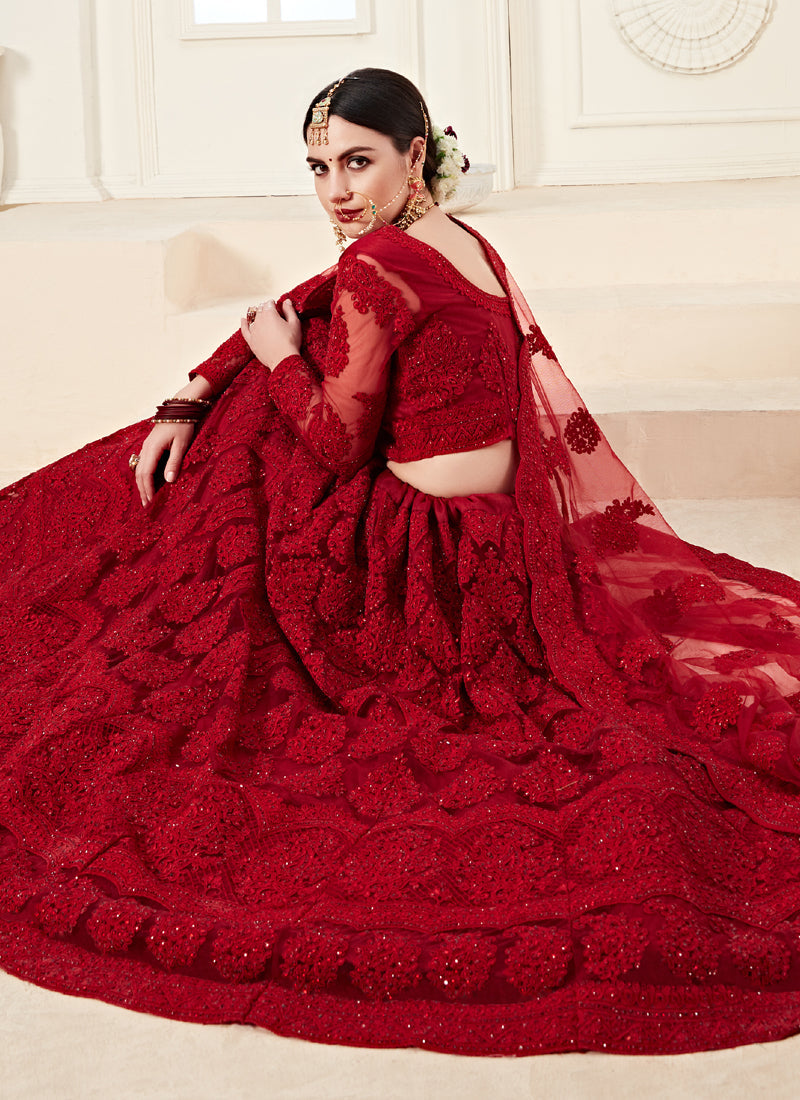 Vegaa Fashion Red Net Embroidered Stonework Wedding Lehenga | Grocsy