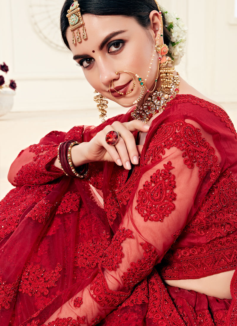 Vegaa Fashion Red Net Embroidered Stonework Wedding Lehenga | Grocsy