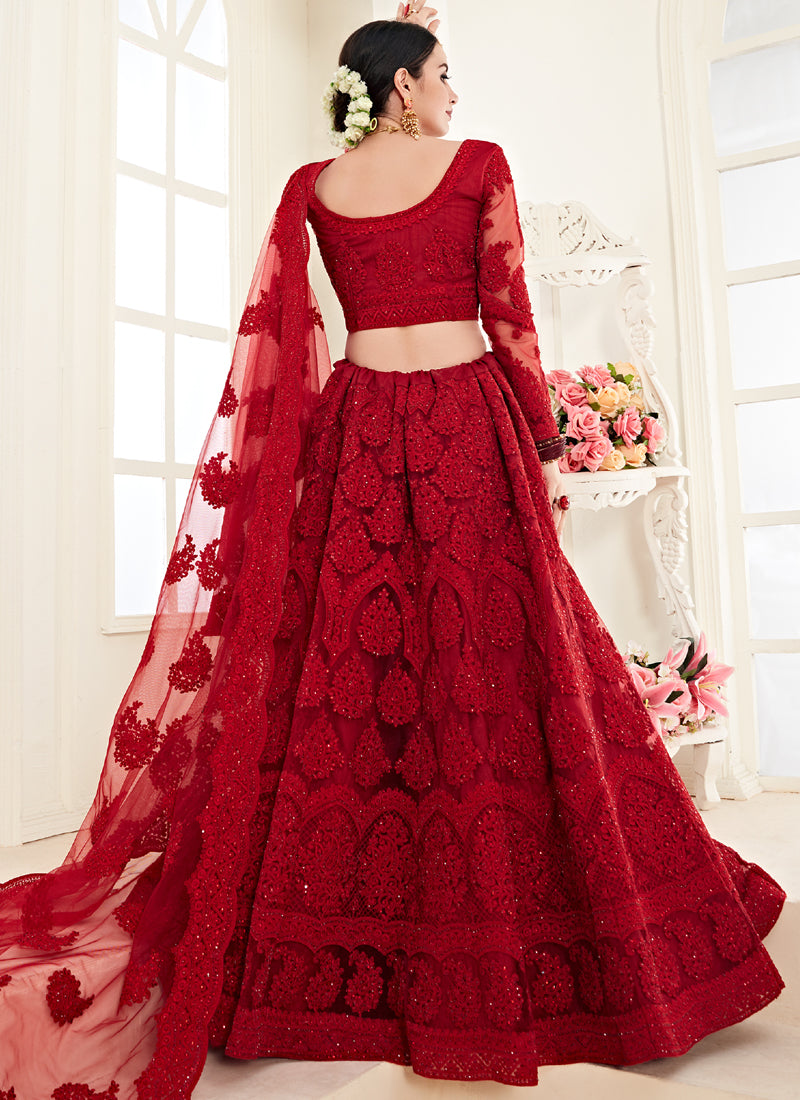 Vegaa Fashion Red Net Embroidered Stonework Wedding Lehenga | Grocsy