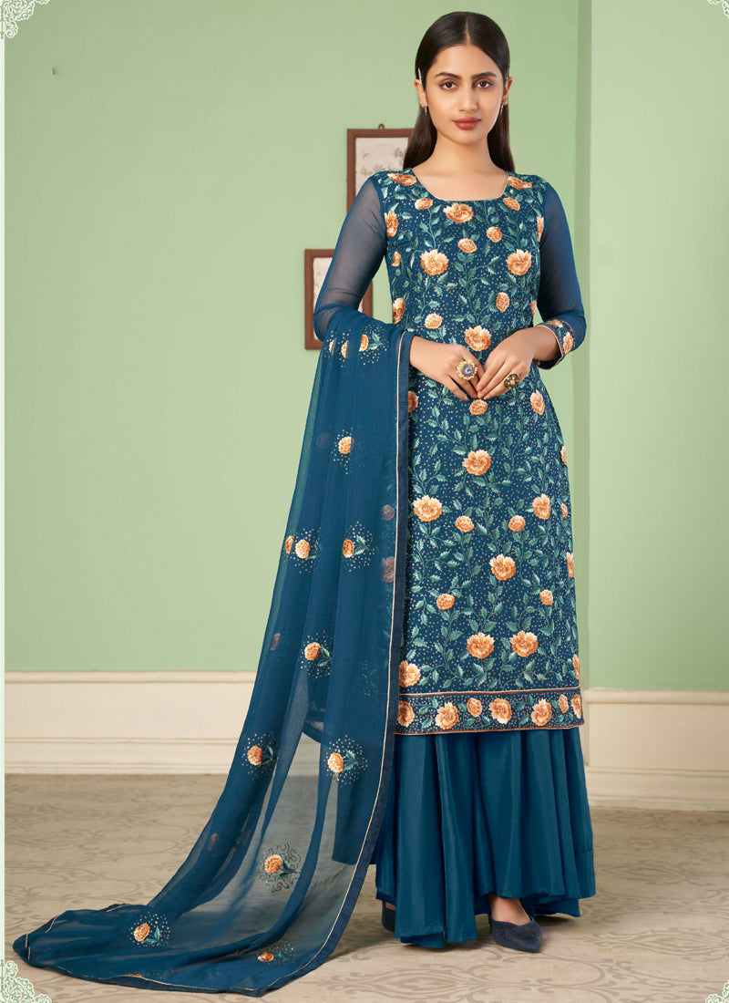 Vegaa Fashion Aqua Blue Georgette Embroidery Designer Sharara Suit | Grocsy