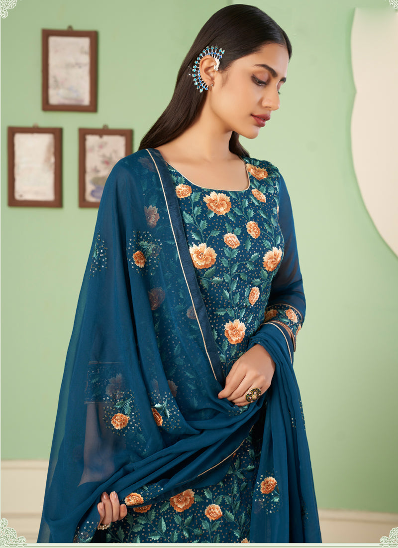 Vegaa Fashion Aqua Blue Georgette Embroidery Designer Sharara Suit | Grocsy