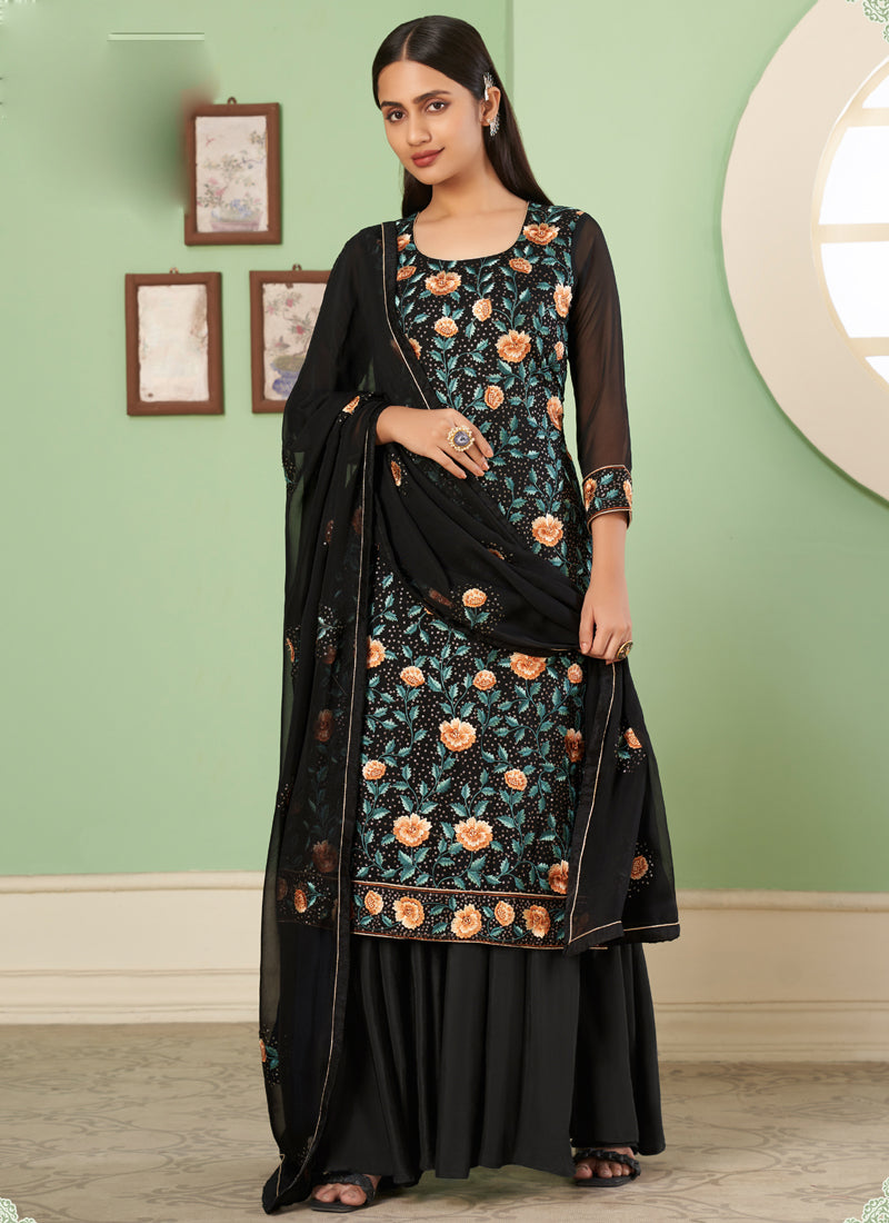 Vegaa Fashion Black Georgette Embroidery Designer Sharara Suit | Grocsy