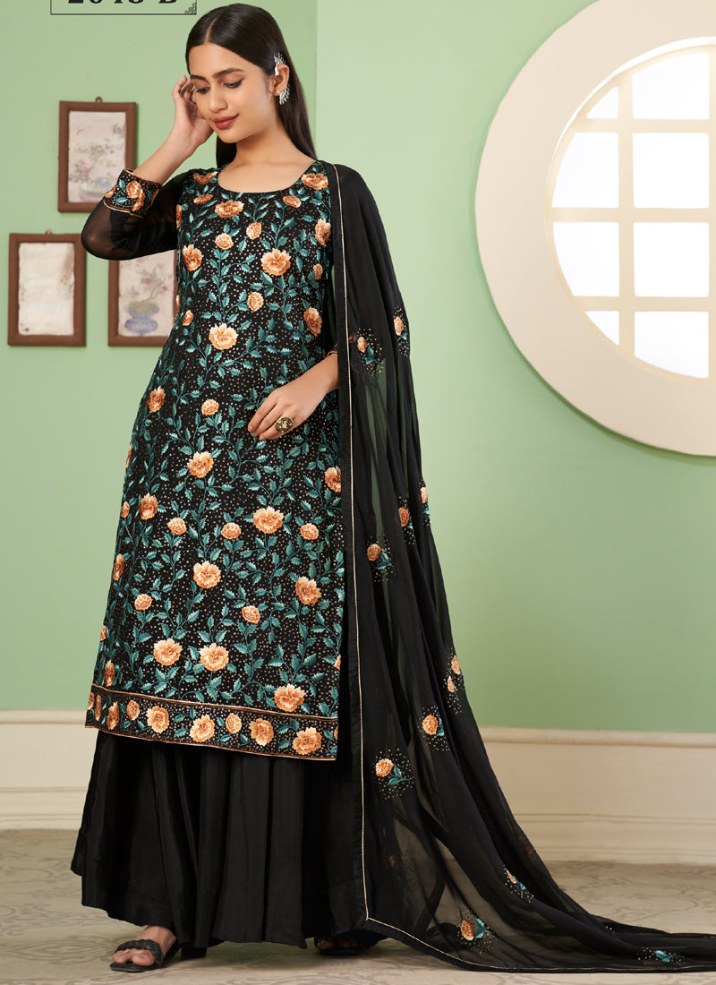 Vegaa Fashion Black Georgette Embroidery Designer Sharara Suit | Grocsy