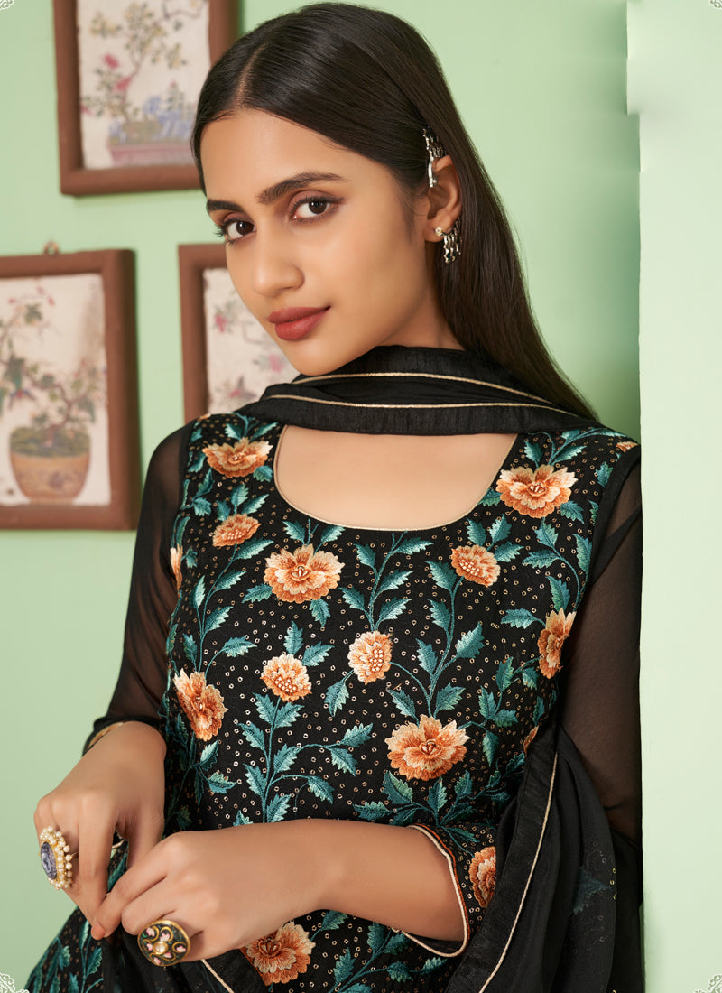 Vegaa Fashion Black Georgette Embroidery Designer Sharara Suit | Grocsy