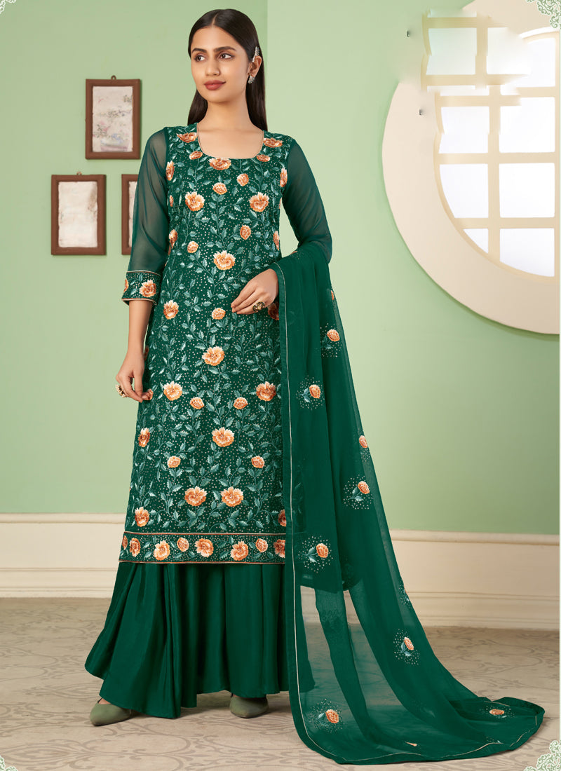 Vegaa Fashion Green Georgette Embroidery Designer Sharara Suit | Grocsy