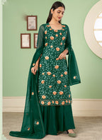 Vegaa Fashion Green Georgette Embroidery Designer Sharara Suit | Grocsy