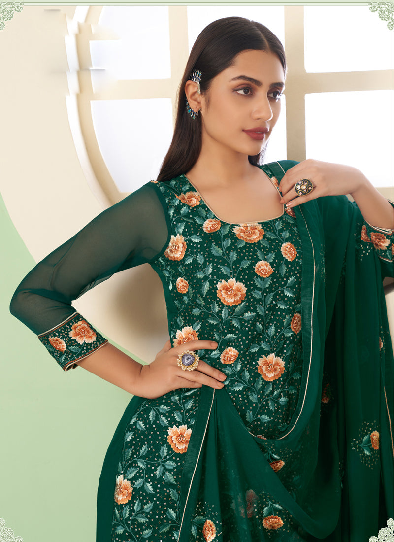 Vegaa Fashion Green Georgette Embroidery Designer Sharara Suit | Grocsy