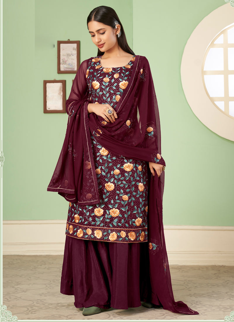 Vegaa Fashion Maroon Georgette Embroidery Designer Sharara Suit | Grocsy