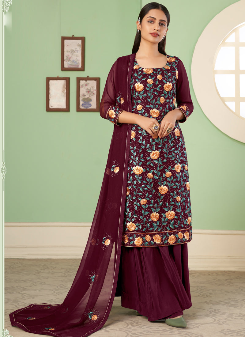 Vegaa Fashion Maroon Georgette Embroidery Designer Sharara Suit | Grocsy