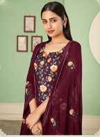 Vegaa Fashion Maroon Georgette Embroidery Designer Sharara Suit | Grocsy