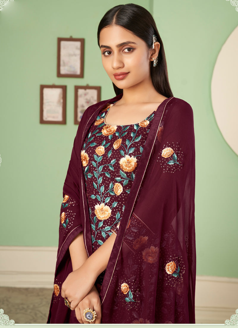 Vegaa Fashion Maroon Georgette Embroidery Designer Sharara Suit | Grocsy