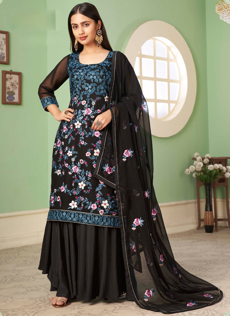 Vegaa Fashion Black Georgette Embroidery Designer Sharara Suit | Grocsy