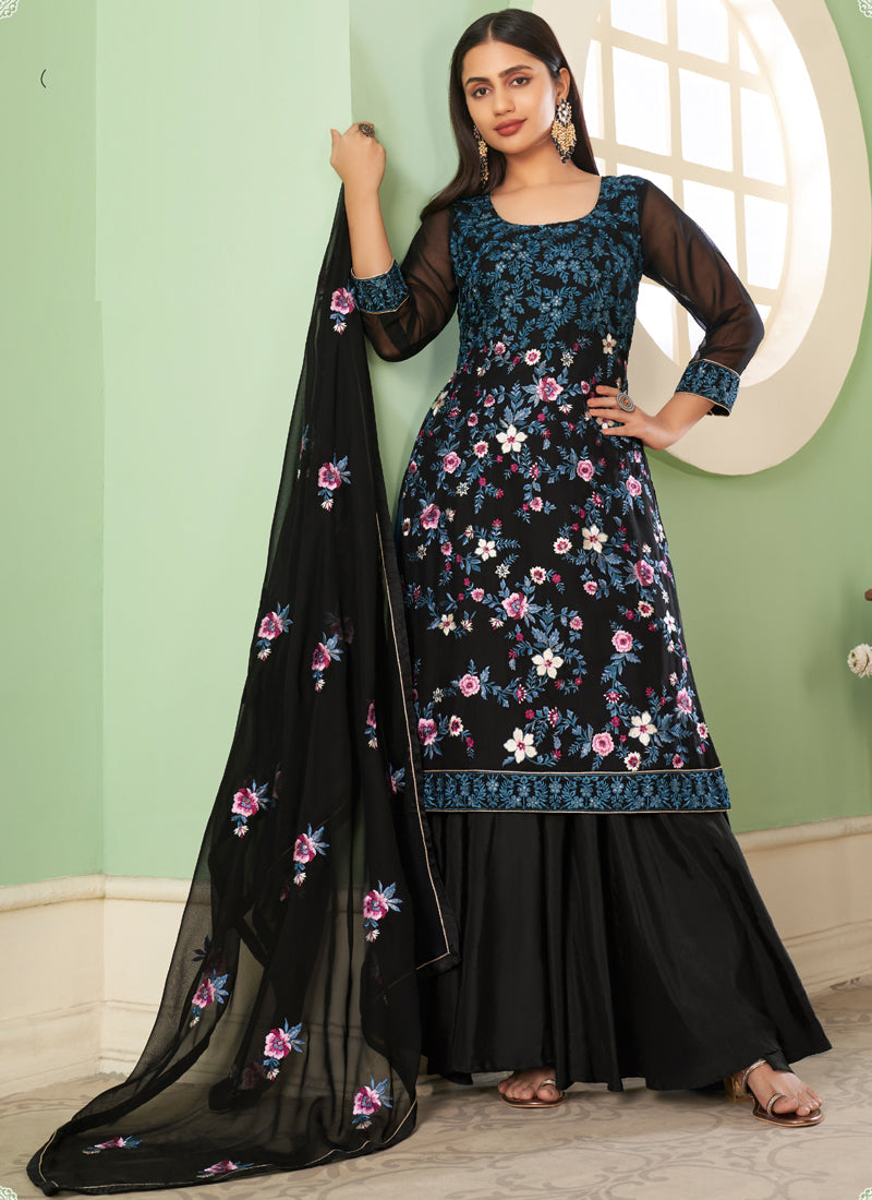 Vegaa Fashion Black Georgette Embroidery Designer Sharara Suit | Grocsy
