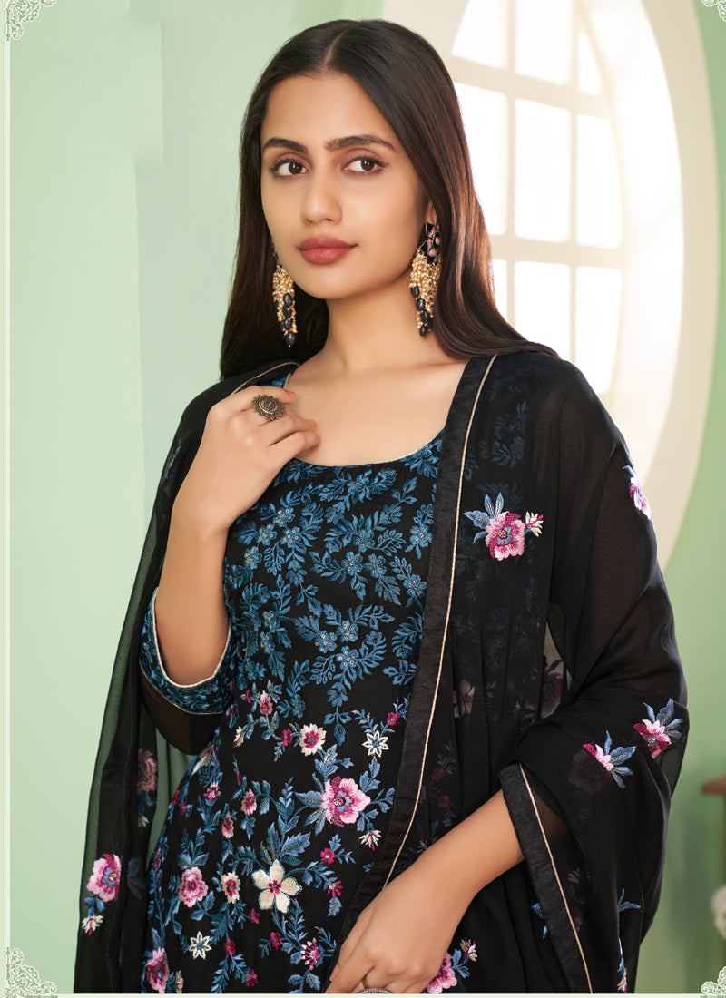 Vegaa Fashion Black Georgette Embroidery Designer Sharara Suit | Grocsy