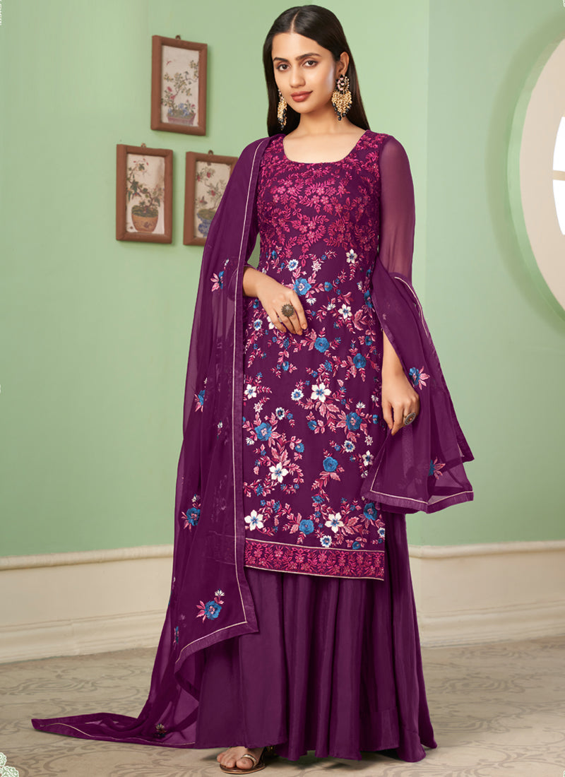Vegaa Fashion Violet Georgette Embroidery Designer Sharara Suit | Grocsy