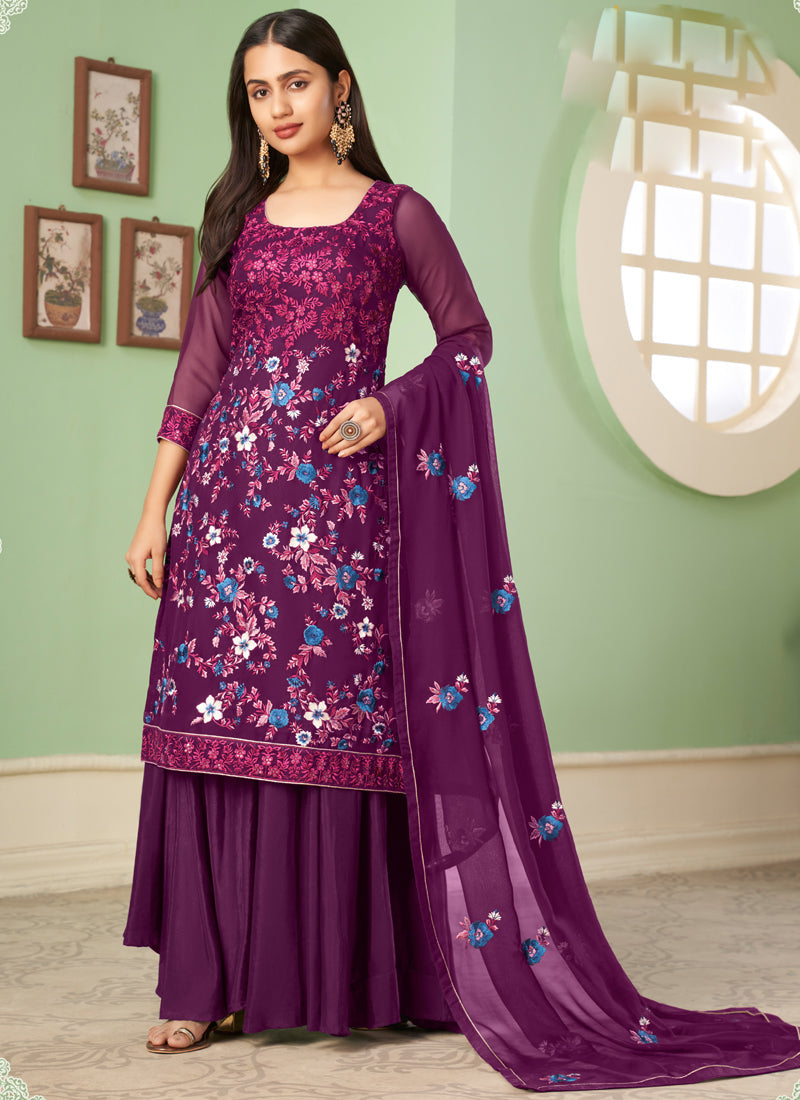 Vegaa Fashion Violet Georgette Embroidery Designer Sharara Suit | Grocsy