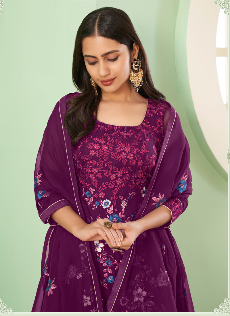 Vegaa Fashion Violet Georgette Embroidery Designer Sharara Suit | Grocsy