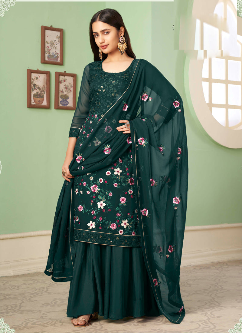 Vegaa Fashion Dark Green Georgette Embroidery Designer Sharara Suit | Grocsy