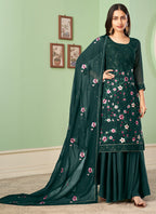 Vegaa Fashion Dark Green Georgette Embroidery Designer Sharara Suit | Grocsy
