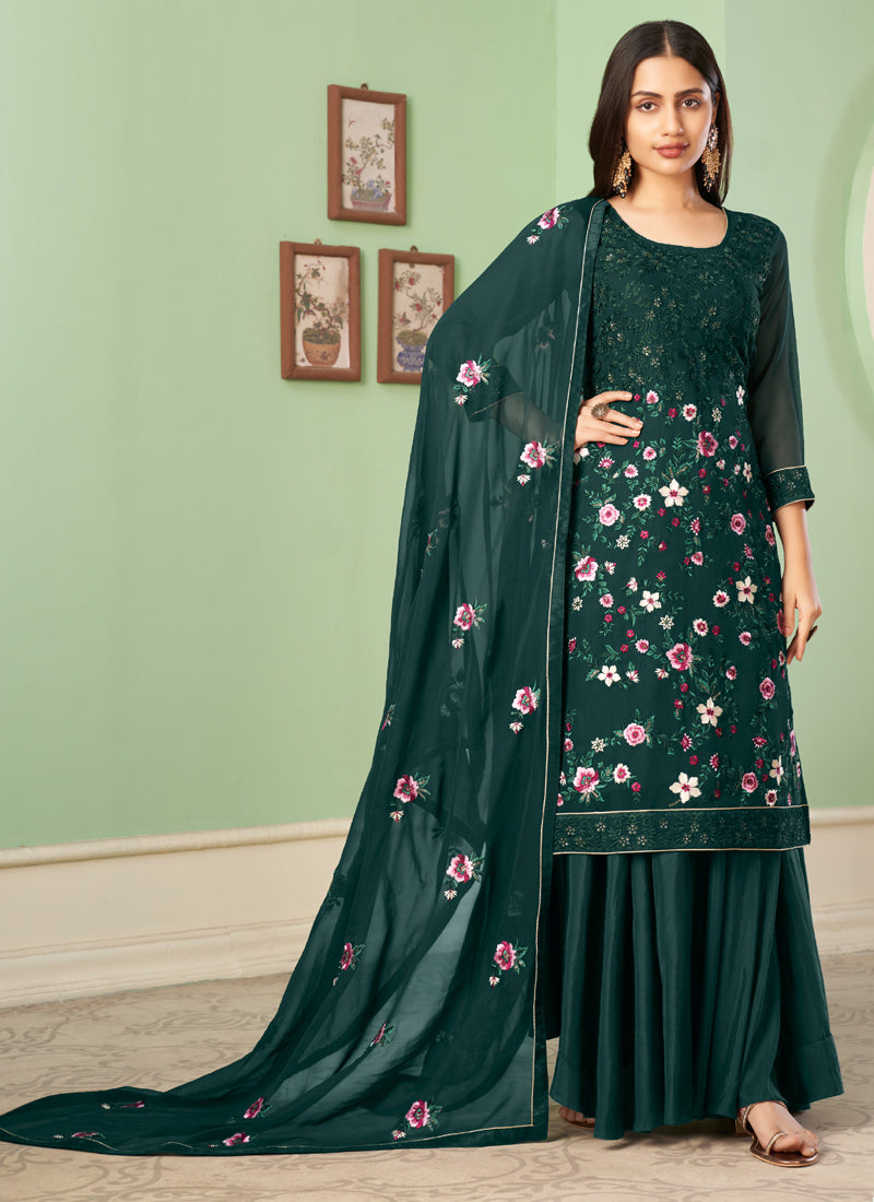 Vegaa Fashion Dark Green Georgette Embroidery Designer Sharara Suit | Grocsy