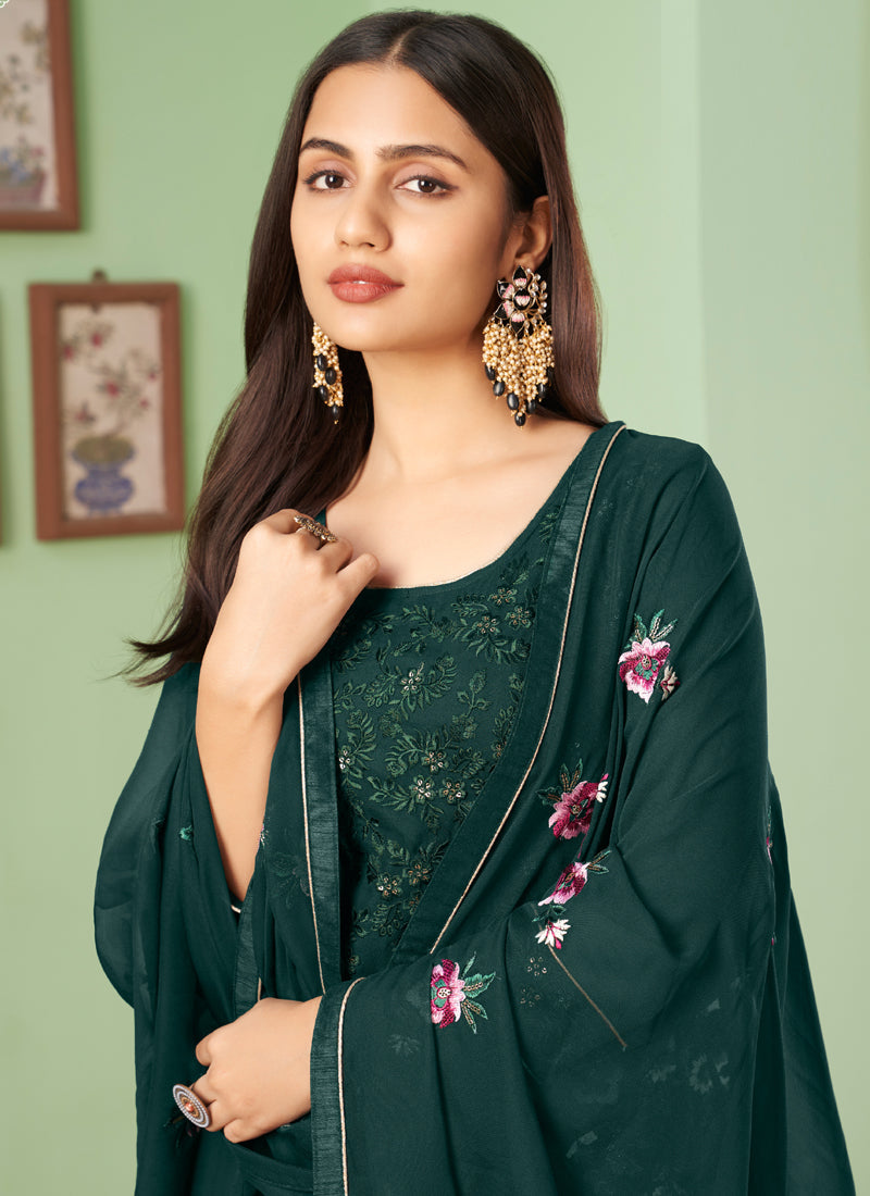 Vegaa Fashion Dark Green Georgette Embroidery Designer Sharara Suit | Grocsy