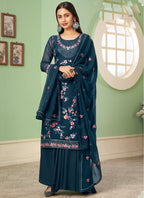 Vegaa Fashion Blue Georgette Embroidery Designer Sharara Suit | Grocsy